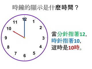 時鐘的顯示是什麽時間？
當分針指著12，
時針指著10，
這時是10時。
 