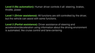 Level 0 (No automation): Human driver controls it all: steering, brakes,
throttle, power
Level 1 (Driver assistance): All functions are still controlled by the driver,
but the vehicle can assist with some functions.
Level 2 (Partial assistance): Driver assistance of steering and
acceleration/deceleration using information about the driving environment
is automated, like cruise control and lane-centering
 