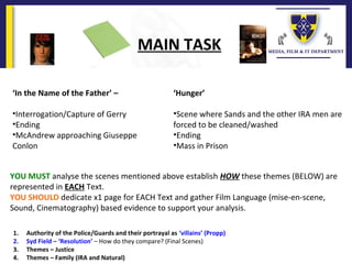 MAIN TASK
‘In the Name of the Father’ –
•Interrogation/Capture of Gerry
•Ending
•McAndrew approaching Giuseppe
Conlon
‘Hunger’
•Scene where Sands and the other IRA men are
forced to be cleaned/washed
•Ending
•Mass in Prison
YOU MUST analyse the scenes mentioned above establish HOW these themes (BELOW) are
represented in EACH Text.
YOU SHOULD dedicate x1 page for EACH Text and gather Film Language (mise-en-scene,
Sound, Cinematography) based evidence to support your analysis.
1. Authority of the Police/Guards and their portrayal as ‘villains’ (Propp)
2. Syd Field – ‘Resolution’ – How do they compare? (Final Scenes)
3. Themes – Justice
4. Themes – Family (IRA and Natural)
 