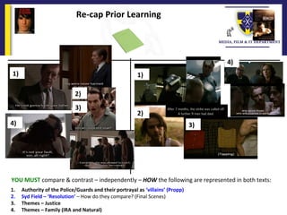 Re-cap Prior Learning
1. Authority of the Police/Guards and their portrayal as ‘villains’ (Propp)
2. Syd Field – ‘Resolution’ – How do they compare? (Final Scenes)
3. Themes – Justice
4. Themes – Family (IRA and Natural)
YOU MUST compare & contrast – independently – HOW the following are represented in both texts:
1)
2)
3)
4)
1)
4)
2)
3)
 