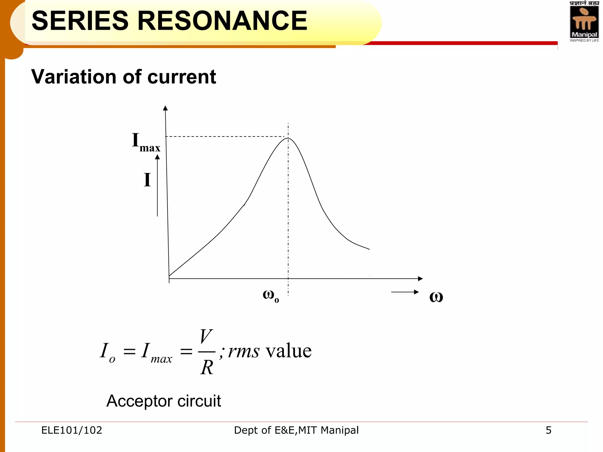 ELE101/102 Dept of E&E,MIT Manipal 5
SERIES RESONANCE
ωo ω
I
Imax
valuerms;
R
V
II maxo ==
Acceptor circuit
Variation of current
 