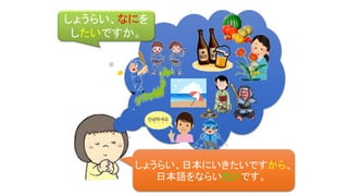 しょうらい、なにを
したいですか。
しょうらい、日本にいきたいですから、
日本語をならいたいです。
 