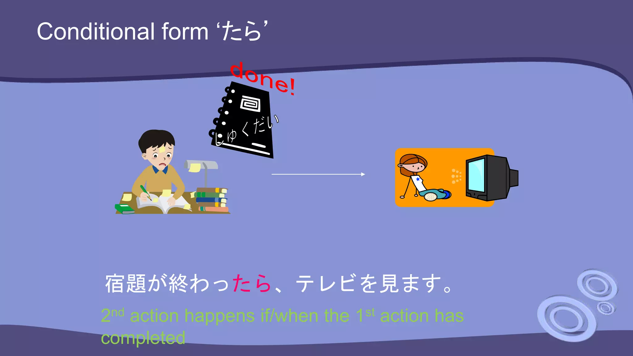 Conditional form ‘たら’
宿題が終わったら、テレビを見ます。
2nd action happens if/when the 1st action has
completed
 