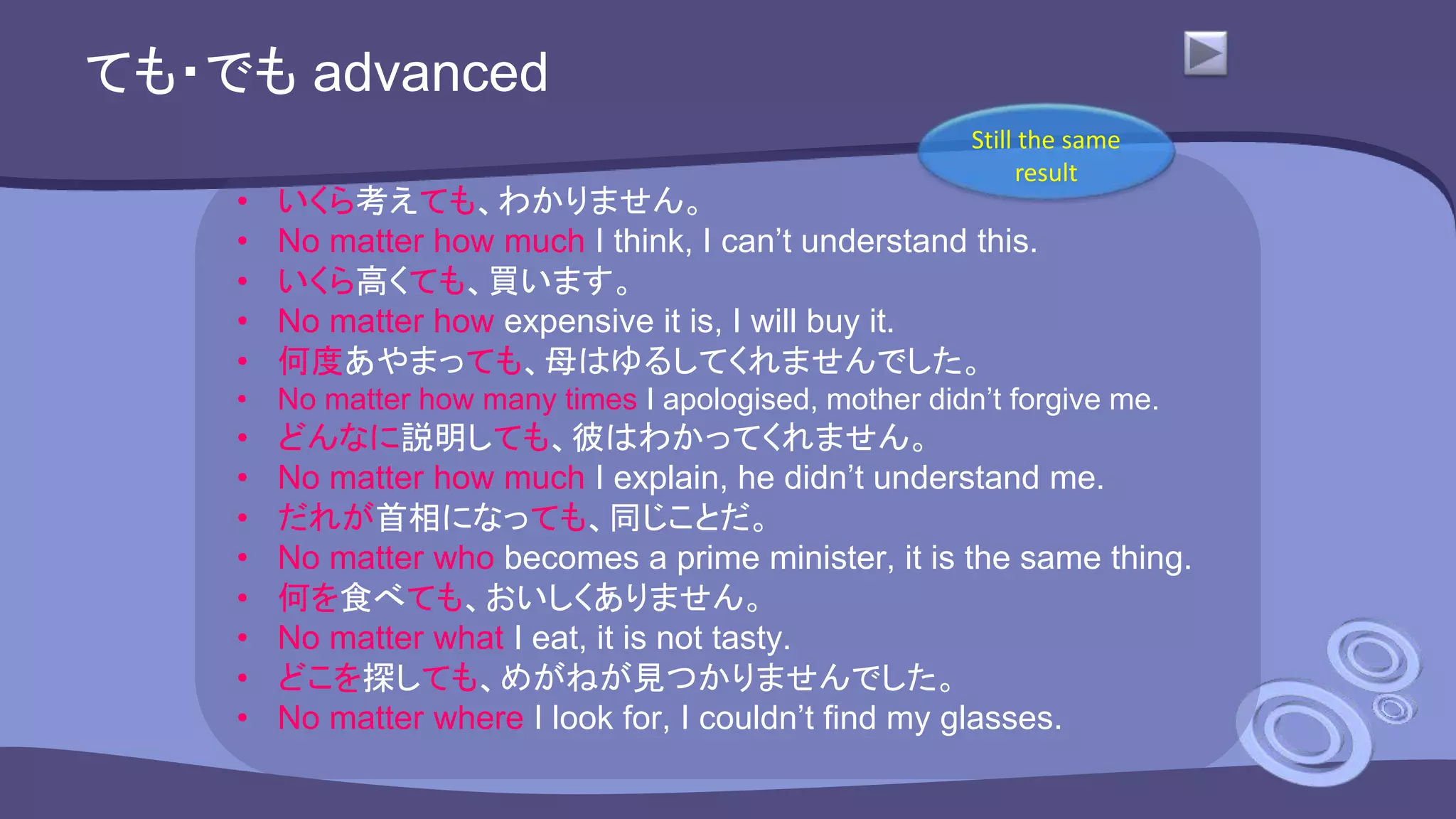 ても・でも advanced
• いくら考えても、わかりません。
• No matter how much I think, I can’t understand this.
• いくら高くても、買います。
• No matter how expensive it is, I will buy it.
• 何度あやまっても、母はゆるしてくれませんでした。
• No matter how many times I apologised, mother didn’t forgive me.
• どんなに説明しても、彼はわかってくれません。
• No matter how much I explain, he didn’t understand me.
• だれが首相になっても、同じことだ。
• No matter who becomes a prime minister, it is the same thing.
• 何を食べても、おいしくありません。
• No matter what I eat, it is not tasty.
• どこを探しても、めがねが見つかりませんでした。
• No matter where I look for, I couldn’t find my glasses.
Still the same
result
 