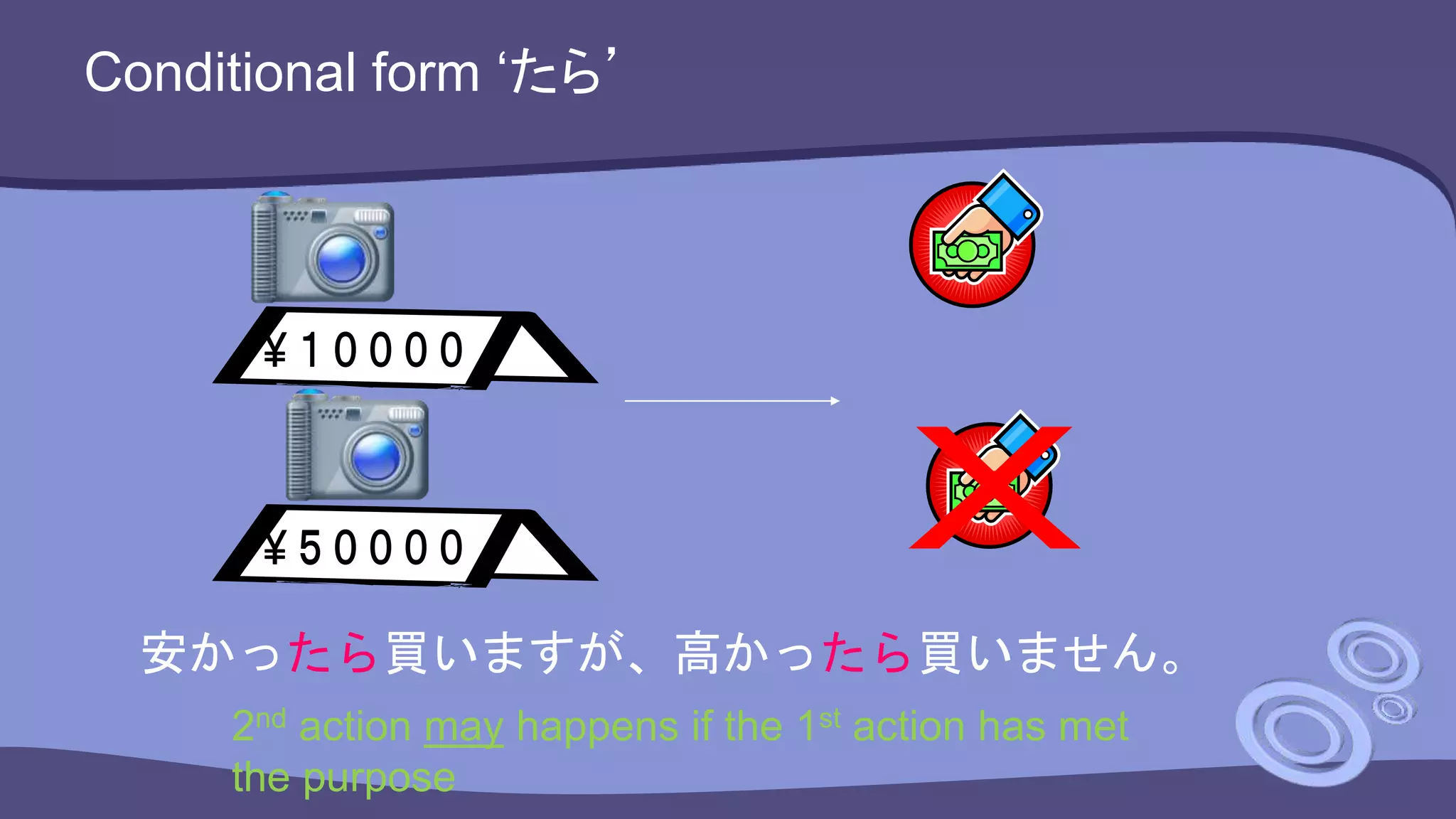 Conditional form ‘たら’
安かったら買いますが、高かったら買いません。
2nd action may happens if the 1st action has met
the purpose
 