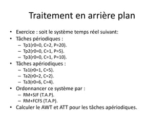 Traitement en arrière plan
Traitement en arrière plan
Traitement en arrière plan
Traitement en arrière plan
• Exercice : soit le système temps réel suivant:
• Exercice : soit le système temps réel suivant:
• Exercice : soit le système temps réel suivant:
• Tâches périodiques :
• Tâches périodiques :
– Tp1(r0=0, C=2, P=20).
– Tp1(r0=0, C=2, P=20).
– Tp2(r0=0, C=1, P=5).
– Tp2(r0=0, C=1, P=5).
Tp3(r0=0, C=1, P=10).
– Tp3(r0=0, C=1, P=10).
– Tp3(r0=0, C=1, P=10).
• Tâches apériodiques :
• Tâches apériodiques :
– Ta1(r0=1, C=5).
– Ta1(r0=1, C=5).
– Ta2(r0=2, C=2).
– Ta2(r0=2, C=2).
Ta2(r0=2, C=2).
– Ta3(r0=6, C=4).
– Ta3(r0=6, C=4).
• Ordonnancer ce système par :
• Ordonnancer ce système par :
– RM+SJF (T.A.P).
– RM+SJF (T.A.P).
– RM+FCFS (T.A.P).
– RM+FCFS (T.A.P).
– RM+FCFS (T.A.P).
• Calculer le AWT et ATT pour les tâches apériodiques.
• Calculer le AWT et ATT pour les tâches apériodiques.
 