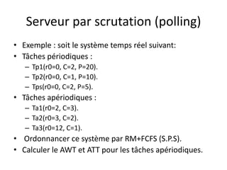 Serveur par scrutation (polling)
Serveur par scrutation (polling)
Serveur par scrutation (polling)
Serveur par scrutation (polling)
• Exemple : soit le système temps réel suivant:
• Exemple : soit le système temps réel suivant:
• Exemple : soit le système temps réel suivant:
• Tâches périodiques :
• Tâches périodiques :
Tâches périodiques :
– Tp1(r0=0, C=2, P=20).
– Tp1(r0=0, C=2, P=20).
– Tp2(r0=0, C=1, P=10).
– Tp2(r0=0, C=1, P=10).
– Tps(r0=0, C=2, P=5).
– Tps(r0=0, C=2, P=5).
• Tâches apériodiques :
• Tâches apériodiques :
Tâches apériodiques :
– Ta1(r0=2, C=3).
– Ta1(r0=2, C=3).
– Ta2(r0=3, C=2).
– Ta2(r0=3, C=2).
– Ta3(r0=12, C=1).
– Ta3(r0=12, C=1).
• Ordonnancer ce système par RM+FCFS (S.P.S).
• Ordonnancer ce système par RM+FCFS (S.P.S).
• Ordonnancer ce système par RM+FCFS (S.P.S).
• Calculer le AWT et ATT pour les tâches apériodiques.
• Calculer le AWT et ATT pour les tâches apériodiques.
 