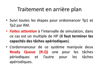 Traitement en arrière plan
Traitement en arrière plan
Traitement en arrière plan
Traitement en arrière plan
Suivi toutes les étapes pour ordonnancer Tp1 et
• Suivi toutes les étapes pour ordonnancer Tp1 et
• Suivi toutes les étapes pour ordonnancer Tp1 et
Tp2 par RM.
Tp2 par RM.
Tp2 par RM.
• Faites attention à l’intervalle de simulation, dans
• Faites attention à l’intervalle de simulation, dans
• Faites attention à l’intervalle de simulation, dans
ce cas est un multiple de HP (il faut terminer les
ce cas est un multiple de HP (il faut terminer les
capacités des tâches apériodiques).
ce cas est un multiple de HP (il faut terminer les
capacités des tâches apériodiques).
capacités des tâches apériodiques).
L‘ordonnanceur de ce système manipule deux
• L‘ordonnanceur de ce système manipule deux
• L‘ordonnanceur de ce système manipule deux
Ready Queue (R.Q) une pour les tâches
Ready Queue (R.Q) une pour les tâches
Ready Queue (R.Q) une pour les tâches
périodiques et l’autre pour les tâches
périodiques et l’autre pour les tâches
apériodiques.
périodiques et l’autre pour les tâches
apériodiques.
apériodiques.
 