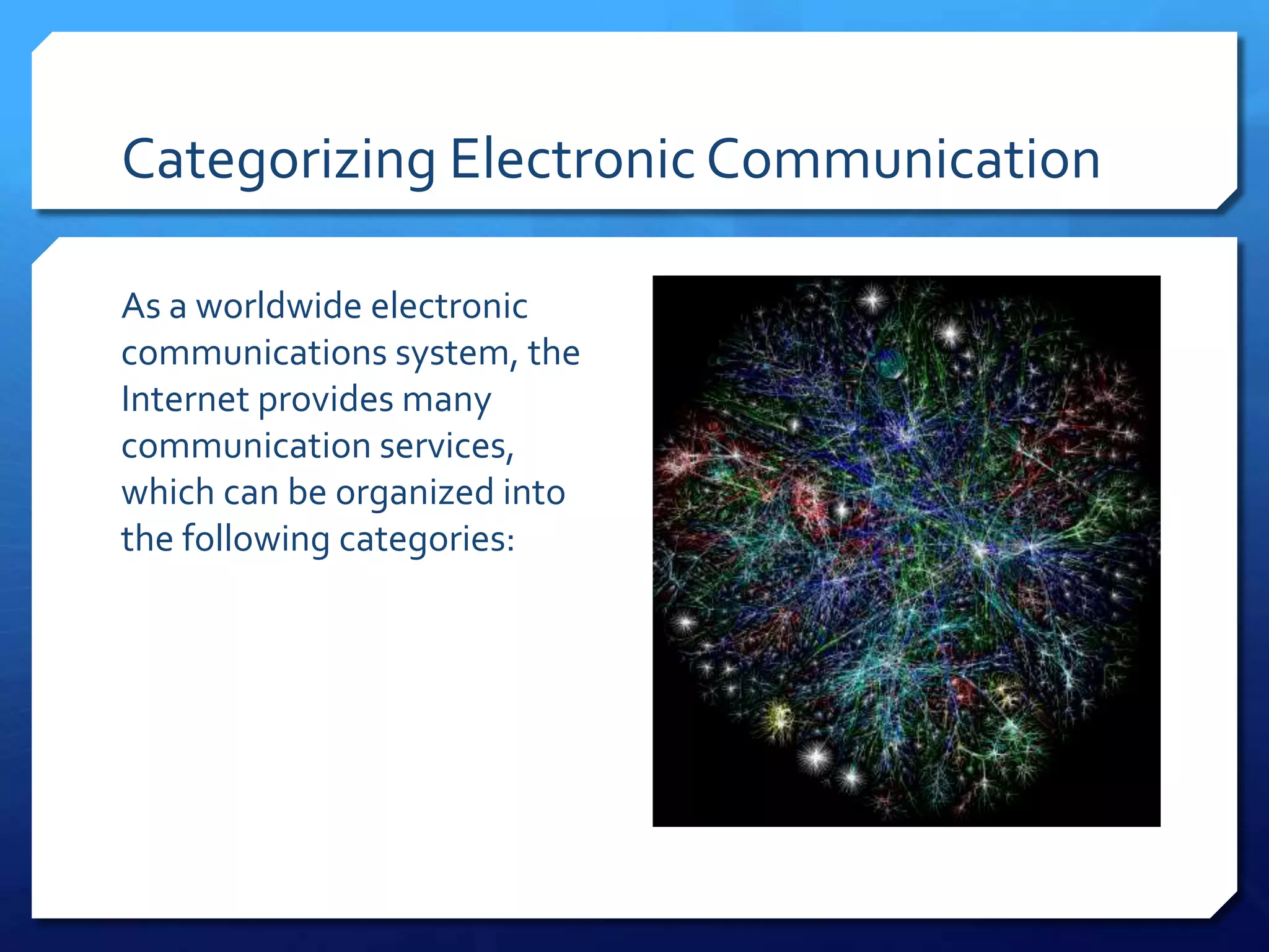 Categorizing Electronic Communication

As a worldwide electronic
communications system, the
Internet provides many
communication services,
which can be organized into
the following categories:
 