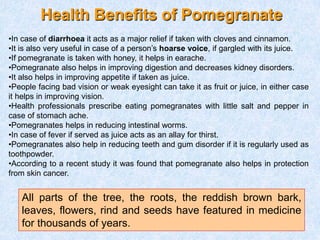 Health Benefits of Pomegranate
All parts of the tree, the roots, the reddish brown bark,
leaves, flowers, rind and seeds have featured in medicine
for thousands of years.
•In case of diarrhoea it acts as a major relief if taken with cloves and cinnamon.
•It is also very useful in case of a person’s hoarse voice, if gargled with its juice.
•If pomegranate is taken with honey, it helps in earache.
•Pomegranate also helps in improving digestion and decreases kidney disorders.
•It also helps in improving appetite if taken as juice.
•People facing bad vision or weak eyesight can take it as fruit or juice, in either case
it helps in improving vision.
•Health professionals prescribe eating pomegranates with little salt and pepper in
case of stomach ache.
•Pomegranates helps in reducing intestinal worms.
•In case of fever if served as juice acts as an allay for thirst.
•Pomegranates also help in reducing teeth and gum disorder if it is regularly used as
toothpowder.
•According to a recent study it was found that pomegranate also helps in protection
from skin cancer.
 