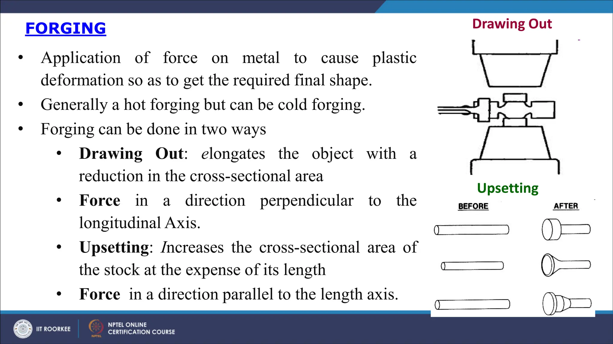 FORGING
• Application of force on metal to cause plastic
deformation so as to get the required final shape.
• Generally a hot forging but can be cold forging.
• Forging can be done in two ways
• Drawing Out: elongates the object with a
reduction in the cross-sectional area
• Force in a direction perpendicular to the
longitudinal Axis.
• Upsetting: Increases the cross-sectional area of
the stock at the expense of its length
• Force in a direction parallel to the length axis.
Drawing Out
Upsetting
 