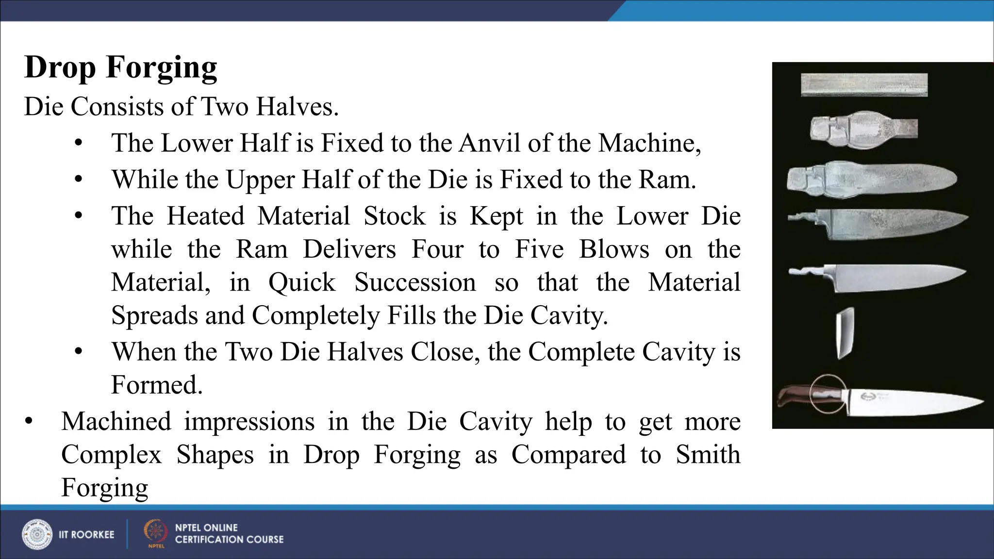 Drop Forging
Die Consists of Two Halves.
• The Lower Half is Fixed to the Anvil of the Machine,
• While the Upper Half of the Die is Fixed to the Ram.
• The Heated Material Stock is Kept in the Lower Die
while the Ram Delivers Four to Five Blows on the
Material, in Quick Succession so that the Material
Spreads and Completely Fills the Die Cavity.
• When the Two Die Halves Close, the Complete Cavity is
Formed.
• Machined impressions in the Die Cavity help to get more
Complex Shapes in Drop Forging as Compared to Smith
Forging
 
