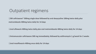 Outpatient regimens
IM ceftriaxone* 500mg single dose followed by oral doxycycline 100mg twice daily plus
metronidazole 400mg twice daily for 14 days
oral ofloxacin 400mg twice daily plus oral metronidazole 400mg twice daily for 14 days
intramuscular ceftriaxone 500 mg immediately, followed by azithromycin 1 g/week for 2 weeks
oral moxifloxacin 400mg once daily for 14 days
 