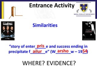 Entrance Activity
“story of enter_____e and success ending in
precipitate f_______e” (W_______w – 19__)
Similarities
pris
ailur arsho 54
WHERE? EVIDENCE?
 