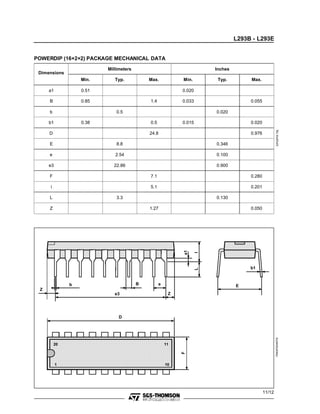 L293B - L293E


POWERDIP (16+2+2) PACKAGE MECHANICAL DATA
                         Millimeters                                  Inches
 Dimensions
                  Min.      Typ.           Max.           Min.         Typ.         Max.

     a1           0.51                                    0.020

     B            0.85                     1.4            0.033                     0.055

     b                       0.5                                      0.020

     b1           0.38                     0.5            0.015                     0.020




                                                                                                     DIP20PW.TBL
     D                                     24.8                                     0.976

     E                       8.8                                      0.346

     e                      2.54                                      0.100

     e3                    22.86                                      0.900

     F                                     7.1                                      0.280

     i                                     5.1                                      0.201

     L                       3.3                                      0.130

     Z                                     1.27                                     0.050
                                                          a1

                                                                  I




                                                                                    b1
                                                                  L




              b                        B         e                             E
 Z
                            e3                        Z




                              D
                                                                                                    PMDIP20WEPS




         20                                          11
                                                          F




          1                                          10




                                                                                            11/12
 