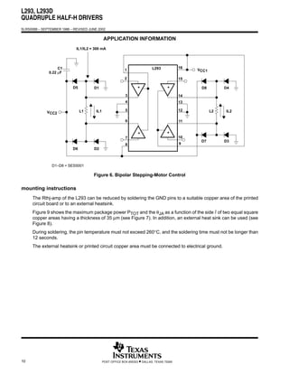 L293, L293D
QUADRUPLE HALF-H DRIVERS
SLRS008B – SEPTEMBER 1986 – REVISED JUNE 2002


                                              APPLICATION INFORMATION
                             IL1/IL2 = 300 mA




                   C1                                                          L293            16
                                                           1                                        VCC1
              0.22 µF
                                                           2                                   15

                           D5          D1                          +                    +            D8         D4

                                                            3                                  14
                                                            4                                  13

                                L1      IL1                 5                                  12          L2   IL2
             VCC2

                                                            6                                  11


                                                                   +                    +
                                                            7                                  10
                                                                                                     D7         D3
                                                            8                                  9
                           D6          D2



                D1–D8 = SES5001

                                      Figure 6. Bipolar Stepping-Motor Control

mounting instructions
      The Rthj-amp of the L293 can be reduced by soldering the GND pins to a suitable copper area of the printed
      circuit board or to an external heatsink.
      Figure 9 shows the maximum package power PTOT and the θJA as a function of the side of two equal square
      copper areas having a thickness of 35 µm (see Figure 7). In addition, an external heat sink can be used (see
      Figure 8).
      During soldering, the pin temperature must not exceed 260°C, and the soldering time must not be longer than
      12 seconds.
      The external heatsink or printed circuit copper area must be connected to electrical ground.




10                                            POST OFFICE BOX 655303   • DALLAS, TEXAS 75265
 