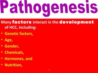 Many factors interact in the development
of HCC, including:
• Genetic factors,
• Age,
• Gender,
• Chemicals,
• Hormones, and
• Nutrition,
HCC
 