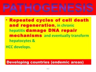 Pathogenesis
• Repeated cycles of cell death
and regeneration, in chronic
hepatitis damage DNA repair
mechanisms and eventually transform
hepatocytes &
HCC develops.
HCC
Developing countries (endemic areas)
 