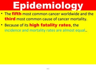 Epidemiology
• The fifth most common cancer worldwide and the
third most common cause of cancer mortality.
• Because of its high fatality rates, the
incidence and mortality rates are almost equal..
HCC
 
