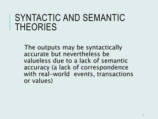 SYNTACTIC AND SEMANTIC
THEORIES
The outputs may be syntactically
accurate but nevertheless be
valueless due to a lack of semantic
accuracy (a lack of correspondence
with real-world events, transactions
or values)
10
 