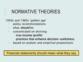 NORMATIVE THEORIES
1950s and 1960s ‘golden age’
 policy recommendations
 what should be
 concentrated on deriving:
 true income (profit)
 practices that enhance decision-usefulness
 based on analytic and empirical propositions
12
Financial statements should mean what they say
 