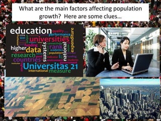 What are the main factors affecting population
growth? Here are some clues…
 