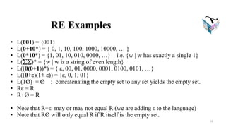 RE Examples
• L(001) = {001}
• L(0+10*) = { 0, 1, 10, 100, 1000, 10000, … }
• L(0*10*) = {1, 01, 10, 010, 0010, …} i.e. {w | w has exactly a single 1}
• L()* = {w | w is a string of even length}
• L((0(0+1))*) = { ε, 00, 01, 0000, 0001, 0100, 0101, …}
• L((0+ε)(1+ ε)) = {ε, 0, 1, 01}
• L(1Ø) = Ø ; concatenating the empty set to any set yields the empty set.
• Rε = R
• R+Ø = R
• Note that R+ε may or may not equal R (we are adding ε to the language)
• Note that RØ will only equal R if R itself is the empty set.
18
 