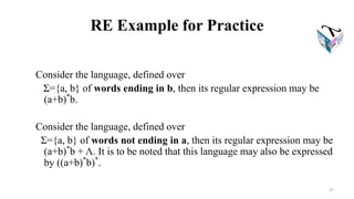 RE Example for Practice
Consider the language, defined over
Σ={a, b} of words ending in b, then its regular expression may be
(a+b)*
b.
Consider the language, defined over
Σ={a, b} of words not ending in a, then its regular expression may be
(a+b)*
b + Λ. It is to be noted that this language may also be expressed
by ((a+b)*
b)*
.
27
 
