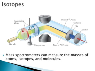  Mass spectrometers can measure the masses of
atoms, isotopes, and molecules.
 
