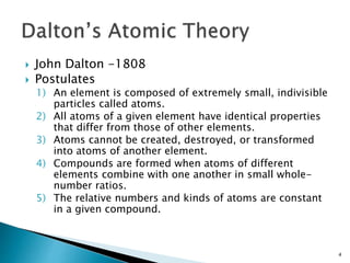  John Dalton -1808
 Postulates
1) An element is composed of extremely small, indivisible
particles called atoms.
2) All atoms of a given element have identical properties
that differ from those of other elements.
3) Atoms cannot be created, destroyed, or transformed
into atoms of another element.
4) Compounds are formed when atoms of different
elements combine with one another in small whole-
number ratios.
5) The relative numbers and kinds of atoms are constant
in a given compound.
4
 