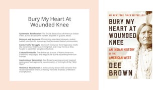 Bury My Heart At
Wounded Knee
Systematic Annihilation: The brutal destruction of American Indian
tribes across the western frontier, exposed in graphic detail.
Betrayal and Massacre: Chronicling relentless betrayals, violent
battles, and horrific massacres that decimated Native communities.
Iconic Chiefs' Struggle: Stories of resistance from legendary chiefs
like Geronimo, Red Cloud, Sitting Bull, and Crazy Horse as they
fought to save their people and culture.
Cultural Genocide: The deliberate erasure of Native American
traditions, languages, and ways of life by the expanding American
frontier.
Awakening a Generation: Dee Brown's searing account inspired
widespread outrage and a reexamination of the myth of the "Wild
West.“
Historical Reclamation: A meticulously researched narrative that
reclaimed Native American history from the shadows of Western
triumphalism..
 
