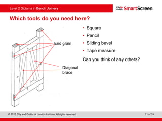 © 2013 City and Guilds of London Institute. All rights reserved. 11 of 15
Level 2 Diploma in Bench Joinery
Which tools do you need here?
• Square
• Pencil
• Sliding bevel
• Tape measure
Can you think of any others?
End grain
Diagonal
brace
 