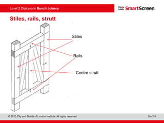 © 2013 City and Guilds of London Institute. All rights reserved. 9 of 15
Level 2 Diploma in Bench Joinery
Stiles, rails, strutt
Stiles
Rails
Centre strutt
 
