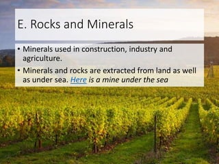 E. Rocks and Minerals
• Minerals used in construction, industry and
agriculture.
• Minerals and rocks are extracted from land as well
as under sea. Here is a mine under the sea
 