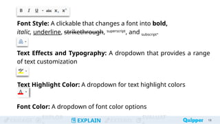 ENGAGE
EXPLOR
EXPLAIN EXTEND
EVALUAT 13
Font Style: A clickable that changes a font into bold,
italic, underline, strikethrough, superscript
, and subscript.
Text Effects and Typography: A dropdown that provides a range
of text customization
Text Highlight Color: A dropdown for text highlight colors
Font Color: A dropdown of font color options
 
