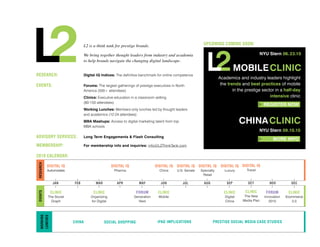 L2 is a think tank for prestige brands.                                 UPCOMING COMING SOON:

                                 We bring together thought leaders from industry and academia                                               NYU Stern 06. 23.10
                                 to help brands navigate the changing digital landscape.

                                                                                                                            MOBILE CLINIC
RESEARCH:                        digital iQ indices: The definitive benchmark for online competence
                                                                                                                    Academics and industry leaders highlight
EvENTS:                          Forums: The largest gatherings of prestige executives in North                      the trends and best practices of mobile
                                 America (500+ attendees)                                                                   in the prestige sector in a half-day
                                 Clinics: Executive education in a classroom setting                                                            intensive clinic
                                 (80-150 attendees)
                                 Working Lunches: Members-only lunches led by thought leaders
                                 and academics (12-24 attendees)
                                 MBA Mashups: Access to digital marketing talent from top
                                 MBA schools
                                                                                                                                 CHINA CLINIC
                                                                                                                                            NYU Stern 09.10.10
ADvISORY SERvICES:               Long Term engagements & Flash Consulting

MEMBERSHIP:                      For membership info and inquiries: info@L2ThinkTank.com

2010 CALENDAR:
RESEARCH




           DIGITAL Iq                              DIGITAL Iq                DIGITAL Iq   DIGITAL Iq DIGITAL Iq      DIGITAL Iq DIGITAL Iq
           Automobiles                              Pharma                     China      U.S. Senate   Specialty      Luxury      Travel
                                                                                                         Retail




             CLINIC                    CLINIC                    FORUM        CLINIC                                   CLINIC     CLINIC       FORUM        CLINIC
EvENTS




           The Social                Organizing                 Generation     Mobile                                  Digital    The New     Innovation   Ecommerce
             Graph                   for Digital                  Next                                                 China     Media Plan      2010         2.0
   WORkING
   LUNCHES




                         CHINA               SOCIAL SHOPPING                  iPAD IMPLICATIONS                PRESTIGE SOCIAL MEDIA CASE STUDIES
 