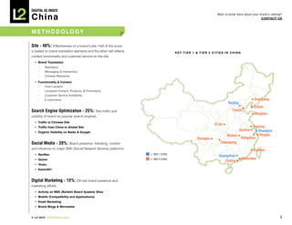 DIGITAL Iq Index:

China
                                                                                                              Want to know more about your brand’s ranking?
                                                                                                                                            COnTACT Us



M e T h O d O LO gy

Site - 40%:      Effectiveness of a brand’s site. Half of the score
is based on brand translation elements and the other half reflects                      key Tier 1 & Tier 2 CiTies in ChinA
content functionality and customer service on the site.
  •	 Brand	Translation
    •    Aesthetics
    •    Messaging & Interactivity
    •    Chinese Relevance

  •	 Functionality	&	Content
     •   Host Location
     •   Localized Content, Products, & Promotions
     •   Customer Service Availability
     •   E-commerce                                                                                                                     Shenyang
                                                                                                                     Beijing
                                                                                                                                        Dallan
Search Engine Optimization - 25%:               Site traffic and                                                        Tianjin
                                                                                                                                        qingdao
visibility of brand on popular search engines.
  •	 Traffic	to	Chinese	Site
                                                                                                             Xi’an
	 •	 Traffic	from	China	to	Global	Site                                                                                            Nanjing
                                                                                                                               SuzhouShanghai
	 •	 Organic	Visibility	on	Baidu	&	Google
                                                                                                                    Wuhan             Ningbo
                                                                                                   Chengdu                 Hangzhou
Social Media - 20%: Brand presence, following, content                                                           Chongqing
and influence on major SNS (Social Network Service) platforms.                                                                          Xiamen
  •	 RenRen                                                           = TIER 1 CITIES
                                                                                                               Guangzhou
	 	 	 Qzone
  •                                                                   = TIER 2 CITIES                                           Shenzhen
                                                                                                                  Zhuhai
	 •	 Youku
	 •	 Kaixin001


Digital Marketing - 15%: Off-site brand presence and
marketing efforts.
	 •	 Activity	on	BBS	(Bulletin	Board	System)	Sites
	 •	 Mobile	(Compatibility	and	Applications)
	 •	 Email	Marketing
	 •	 Brand	Blogs	&	Microsites


© L2 2010 L2ThinkTank.com                                                                                                                                5
 