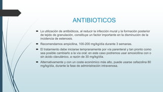 ANTIBIOTICOS
 La utilización de antibióticos, al reducir la infección mural y la formación posterior
de tejido de granulación, constituye un factor importante en la disminución de la
incidencia de estenosis.
 Recomendamos ampicilina, 100-200 mg/kg/día durante 3 semanas.
 El tratamiento debe iniciarse tempranamente por vía parenteral y tan pronto como
sea posible cambiarlo a la vía oral; en este caso podremos usar amoxicilina con o
sin ácido clavulánico, a razón de 30 mg/kg/día.
 Alternativamente y con un coste económico más alto, puede usarse cefazolina 80
mg/kg/día, durante la fase de administración intravenosa.
 