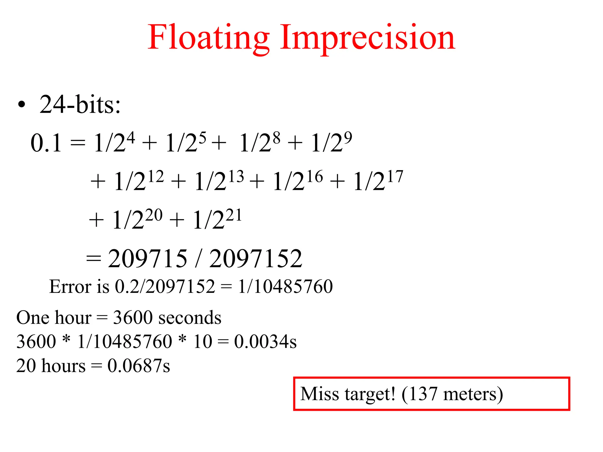 Floating Imprecision
• 24-bits:
0.1 = 1/24 + 1/25 + 1/28 + 1/29
+ 1/212 + 1/213 + 1/216 + 1/217
+ 1/220 + 1/221
= 209715 / 2097152
Error is 0.2/2097152 = 1/10485760
One hour = 3600 seconds
3600 * 1/10485760 * 10 = 0.0034s
20 hours = 0.0687s
Miss target! (137 meters)
 
