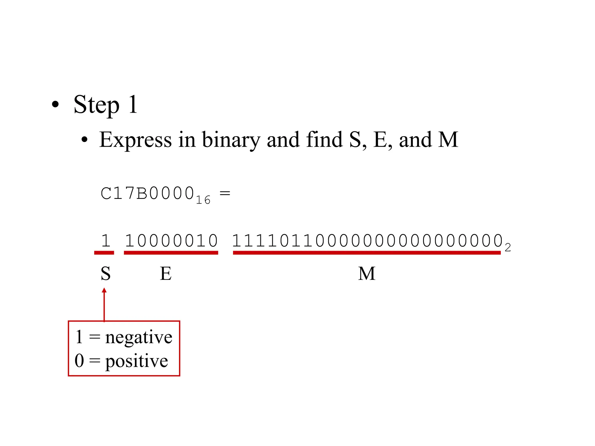 • Step 1
• Express in binary and find S, E, and M
C17B000016 =
1 10000010 111101100000000000000002
S E M
1 = negative
0 = positive
 