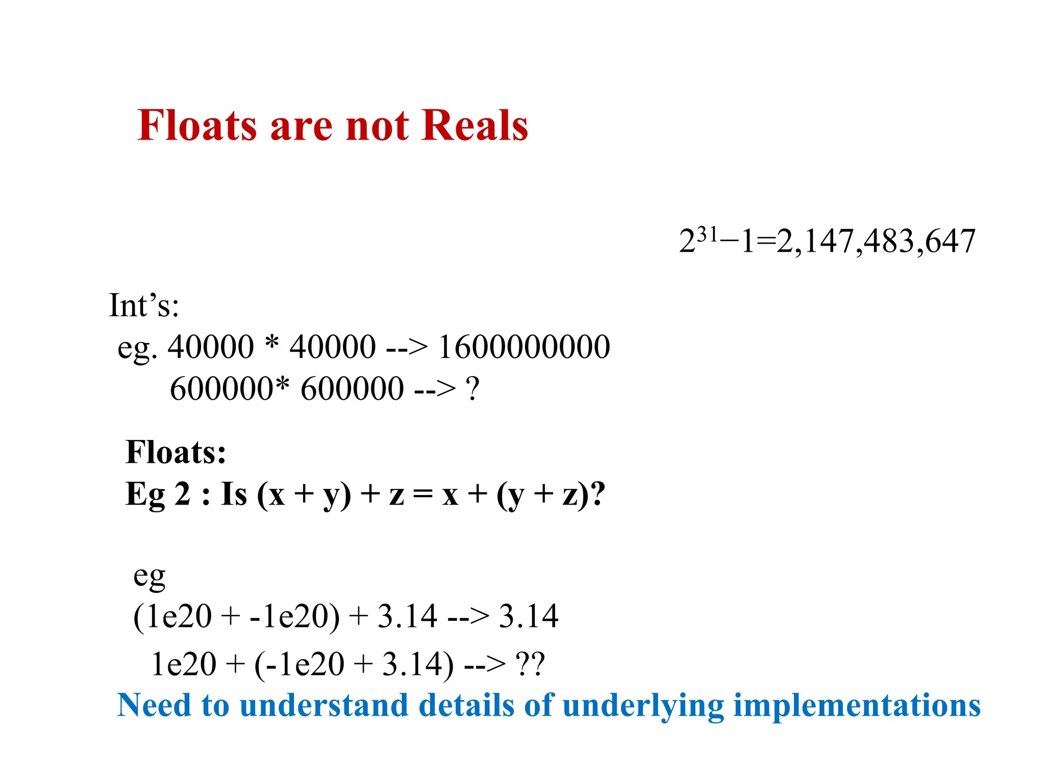 Floats are not Reals
Need to understand details of underlying implementations
Int’s:
eg. 40000 * 40000 --> 1600000000
600000* 600000 --> ?
Floats:
Eg 2 : Is (x + y) + z = x + (y + z)?
eg
(1e20 + -1e20) + 3.14 --> 3.14
1e20 + (-1e20 + 3.14) --> ??
231−1=2,147,483,647
 