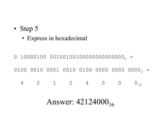• Step 5
• Express in hexadecimal
0 10000100 001001001000000000000002 =
0100 0010 0001 0010 0100 0000 0000 00002 =
4 2 1 2 4 0 0 016
Answer: 4212400016
 