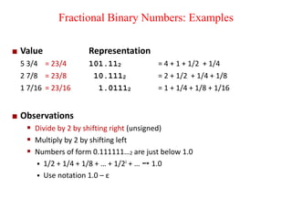 Fractional Binary Numbers: Examples
 Value Representation
5 3/4 = 23/4 101.112 = 4 + 1 + 1/2 + 1/4
2 7/8 = 23/8 010.1112 = 2 + 1/2 + 1/4 + 1/8
1 7/16 = 23/16 001.01112 = 1 + 1/4 + 1/8 + 1/16
 Observations
 Divide by 2 by shifting right (unsigned)
 Multiply by 2 by shifting left
 Numbers of form 0.111111…2 are just below 1.0
 1/2 + 1/4 + 1/8 + … + 1/2i + … ➙ 1.0
 Use notation 1.0 – ε
 