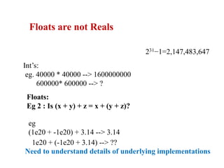 Floats are not Reals
Need to understand details of underlying implementations
Int’s:
eg. 40000 * 40000 --> 1600000000
600000* 600000 --> ?
Floats:
Eg 2 : Is (x + y) + z = x + (y + z)?
eg
(1e20 + -1e20) + 3.14 --> 3.14
1e20 + (-1e20 + 3.14) --> ??
231−1=2,147,483,647
 