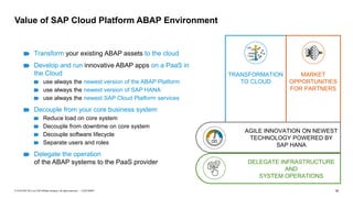 19CUSTOMER© 2018 SAP SE or an SAP affiliate company. All rights reserved. ǀ
Value of SAP Cloud Platform ABAP Environment
Transform your existing ABAP assets to the cloud
Develop and run innovative ABAP apps on a PaaS in
the Cloud
use always the newest version of the ABAP Platform
use always the newest version of SAP HANA
use always the newest SAP Cloud Platform services
Decouple from your core business system
Reduce load on core system
Decouple from downtime on core system
Decouple software lifecycle
Separate users and roles
Delegate the operation
of the ABAP systems to the PaaS provider
TRANSFORMATION
TO CLOUD
MARKET
OPPORTUNITIES
FOR PARTNERS
AGILE INNOVATION ON NEWEST
TECHNOLOGY POWERED BY
SAP HANA
DELEGATE INFRASTRUCTURE
AND
SYSTEM OPERATIONS
 