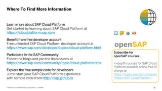 38CUSTOMER© 2018 SAP SE or an SAP affiliate company. All rights reserved. ǀ
Where To Find More Information
Learn more about SAP Cloud Platform
Get started by learning about SAP Cloud Platform at
https://cloudplatform.sap.com
Benefit from free developer account
Free unlimited SAP Cloud Platform developer account at
https://www.sap.com/developer/topics/cloud-platform.html
Participate in the SAP Community
Follow the blogs and join the discussions at
https://www.sap.com/community/topic/cloud-platform.html
Explore the free sample code for developers
Jump start your SAP Cloud Platform experience
with sample code from http://sap.github.io
Subscribe for
openSAP courses
In-depth courses for SAP Cloud
Platform available online free of
charge at
https://open.sap.com/courses
?topic=SAP Cloud Platform
 