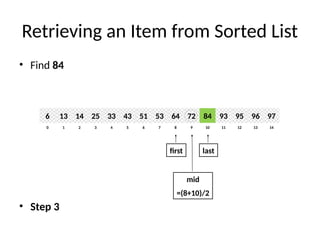 Retrieving an Item from Sorted List
• Find 84
• Step 3
8
2
1 3 4 6
5 7 10
9 11 12 14
13
0
64
14
13 25 33 51
43 53 84
72 93 95 97
96
6
first last
mid
=(8+10)/2
 