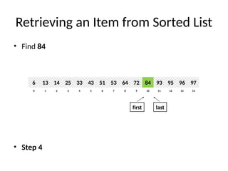 Retrieving an Item from Sorted List
• Find 84
• Step 4
8
2
1 3 4 6
5 7 10
9 11 12 14
13
0
64
14
13 25 33 51
43 53 84
72 93 95 97
96
6
first last
 