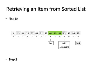Retrieving an Item from Sorted List
• Find 84
• Step 2
8
2
1 3 4 6
5 7 10
9 11 12 14
13
0
64
14
13 25 33 51
43 53 84
72 93 95 97
96
6
first last
mid
=(8+14)/2
 