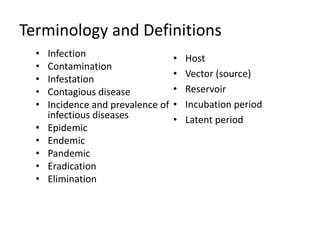 Terminology and Definitions
• Infection
• Contamination
• Infestation
• Contagious disease
• Incidence and prevalence of
infectious diseases
• Epidemic
• Endemic
• Pandemic
• Eradication
• Elimination
• Host
• Vector (source)
• Reservoir
• Incubation period
• Latent period
 